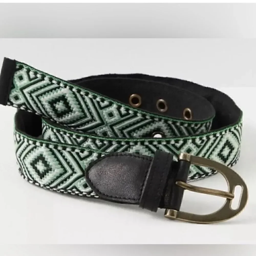 NWOT Free People Moving to Mars Belt Cotton S/M Green Black Leather Cotton Retro